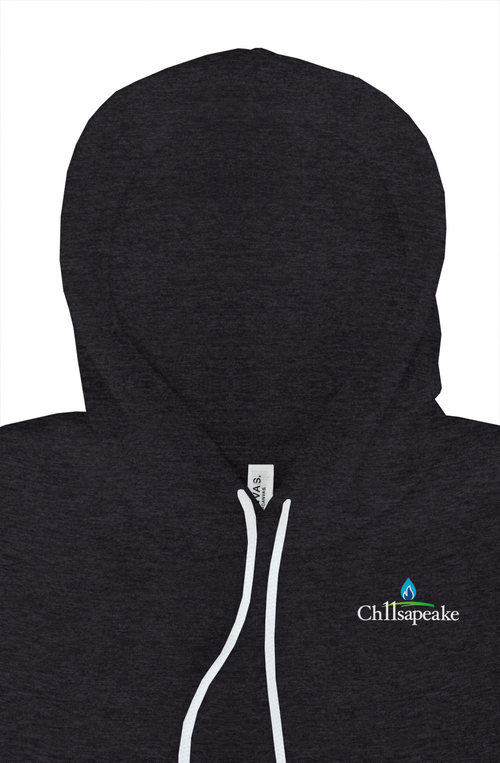 Ch11sapeake hoodie in dark grey heather, front chest logo detail