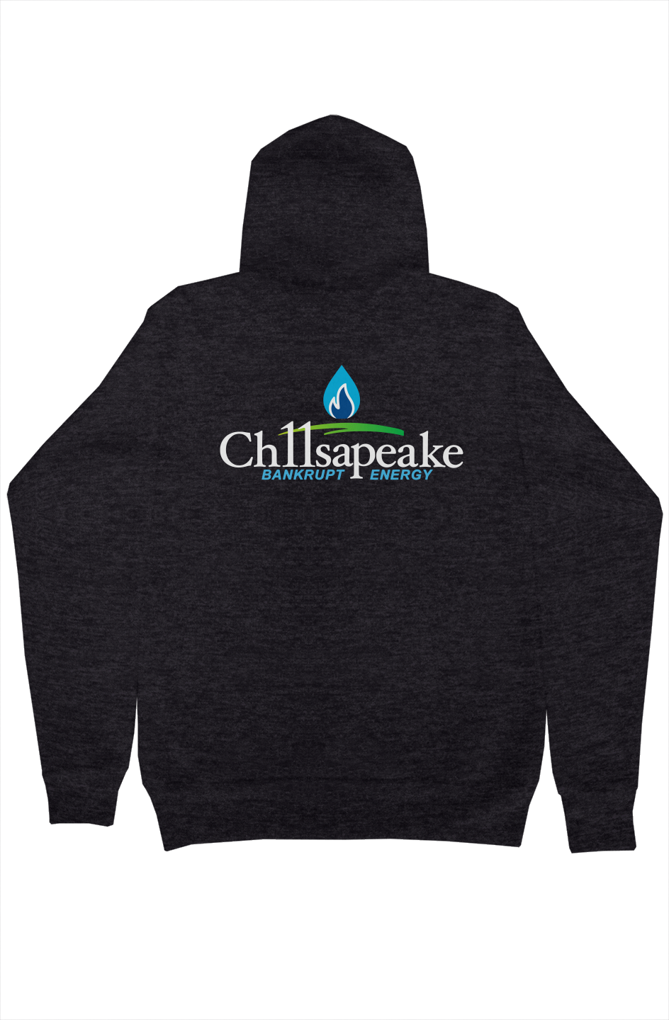 Ch11sapeake hoodie in dark grey heather, BANKRUPT ENERGY back graphic
