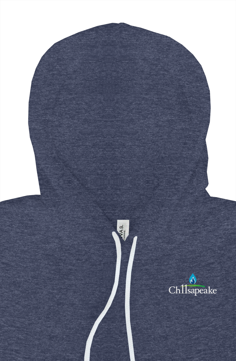 Ch11sapeake hoodie in heather navy, front chest logo detail