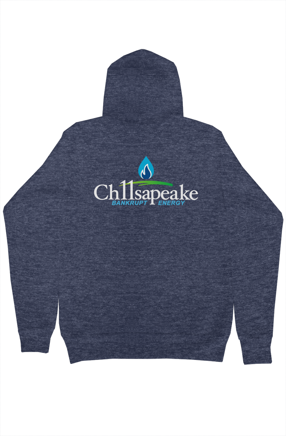 Ch11sapeake hoodie in heather navy, BANKRUPT ENERGY back graphic