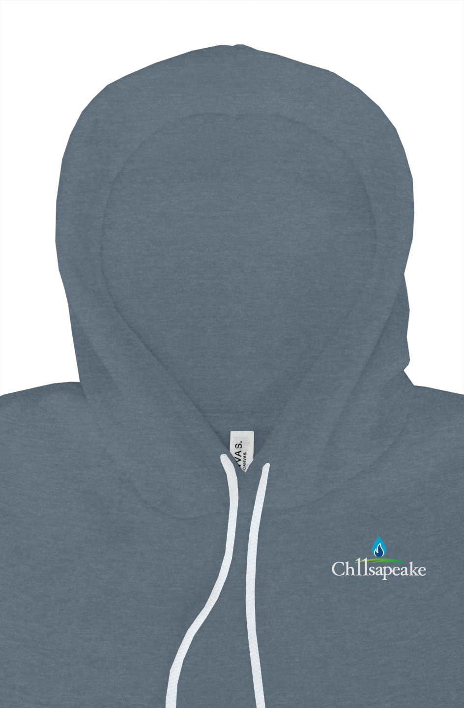 Ch11sapeake hoodie in heather slate, front chest logo detail