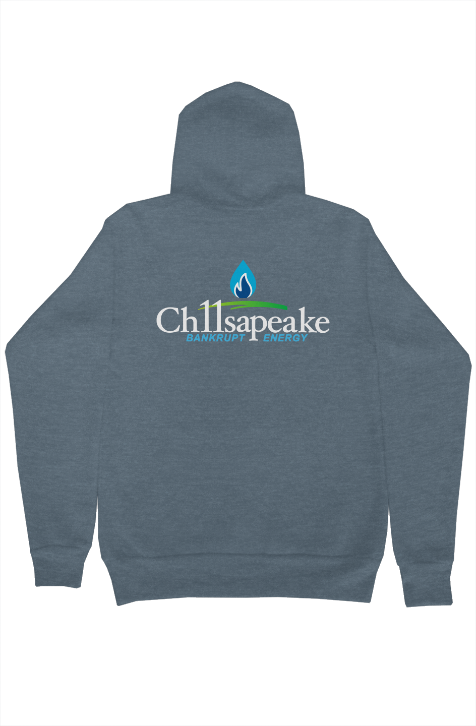Ch11sapeake hoodie in heather slate, BANKRUPT ENERGY back graphic